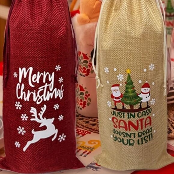 Burlap Christmas 2 pcs Wine, Champagne, & 750 ml liquor bottle gift bag - Picture 4 of 6